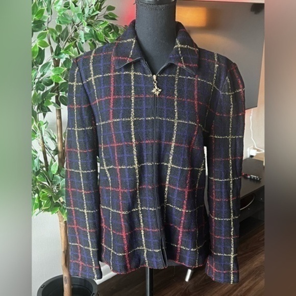 St. John Collection Marie Gray Textured Full-Zip multicolored blue Jacket 8 - Picture 1 of 7
